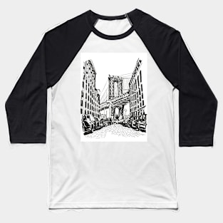 Brooklyn Bridge New York Cityscape USA Pen and Ink Illustration Baseball T-Shirt